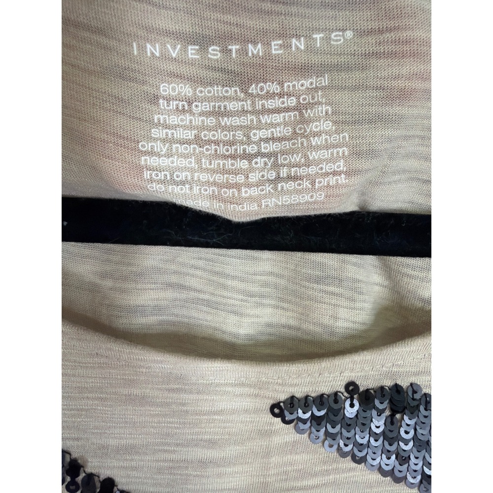 Investments Sequin Zebra Top Womens Large‎ Beige Black Animal Print Short Sleeve - Picture 4 of 5